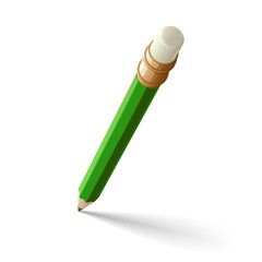 зеленый карандаш с резинкой на конце, на белом фоне, с тенью