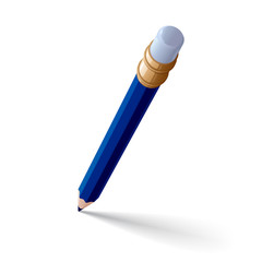 синий карандаш с резинкой на конце, на белом фоне, с тенью