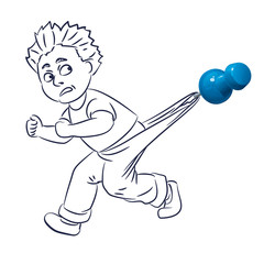 синяя чертежная кнопка прищемила нарисованного человечка за штаны, он пытается вырваться