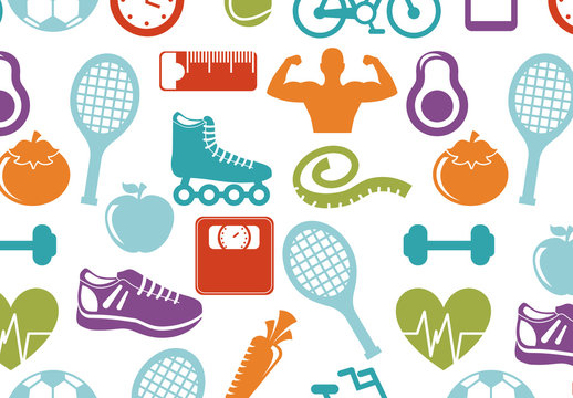 Colorful Fitness and Sports Icons Pattern