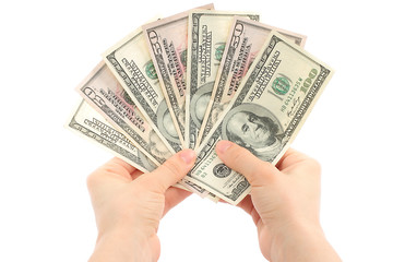 Woman hands with money on white background
