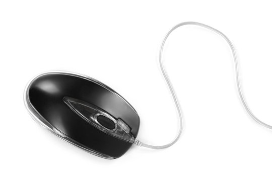 Black computer mouse on a white background