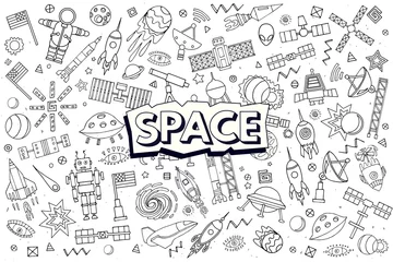Gardinen Vector abstract illustration of space. Solar system. Moon, astronaut, planet, rocket, earth, cosmonaut comet universe orbit Technology Hand drawn comic © lubashka