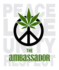 The cannabis ambassador of peace, love, unity and respect with peace sign and cannabis leaf