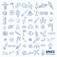 Vector abstract illustration of space. Solar system. Moon, astronaut, planet, rocket, earth, cosmonaut comet universe orbit Technology Hand drawn comic