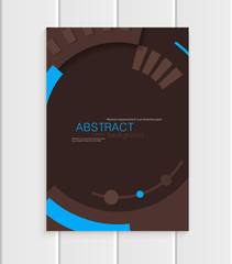 Vector brochure in abstract style with blue shapes on dark brown background