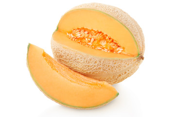 Cantaloupe melon and slice isolated on white, clipping path