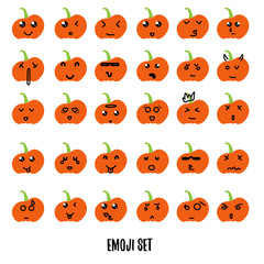 Obraz premium Big Halloween pumpkin emoji decoration faces in flat style. Pumpkin emotion styles for your design.