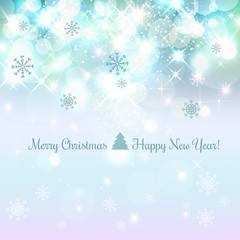 Shiny Christmas and New Year background with snowflakes, light, stars. Vector Illustration. Xmas card