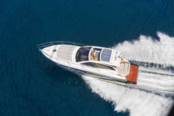 luxury motor boat, rio yachts italian shipyard, aerial view
