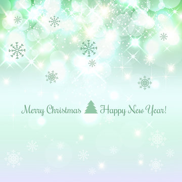 Shiny Christmas and New Year background with snowflakes, light, stars. Vector Illustration. Xmas card