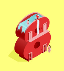 Isolated High Quality Isometric Red Number Eight on Yellow Background. Vector Illustration.
