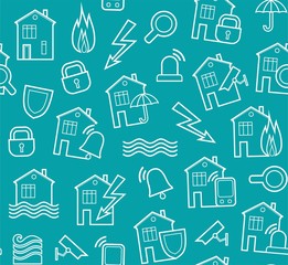 Security of housing and office buildings, background, seamless, blue-green. Vector background with white contour drawings on turquoise field. Protection of residential and office space. 