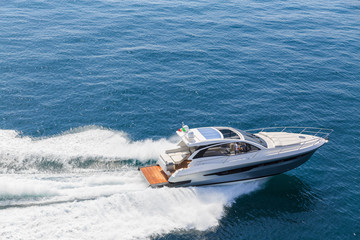 luxury motor boat, rio yachts italian shipyard, aerial view © Andrea