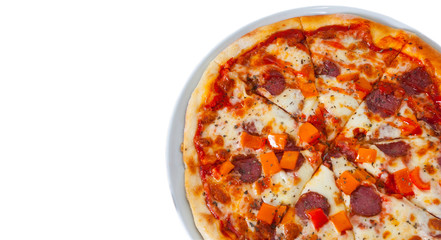 mexican pizza with mushrooms, salami, vegetables. isolated on white. top view