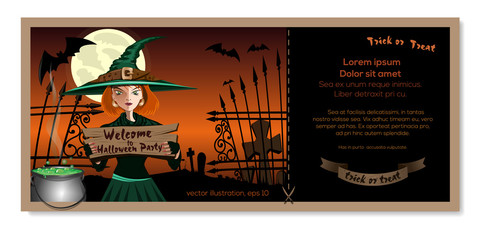 Template invitation card for Halloween night party. Magic cauldron and cute young witch in a magic hat on the cemetery. Vector illustration