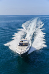 luxury motor boat, rio yachts italian shipyard, aerial view - obrazy, fototapety, plakaty