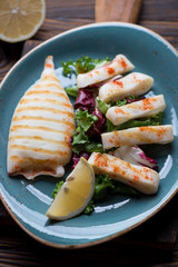 Salad with calamari, close-up, selective focus