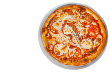 Italian margherita pizza with tomato, cheese, herbs and basil. isolated on white. top view