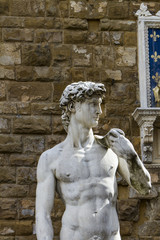 Reproduction of Michelangelo statue David in front of Palazzo Ve
