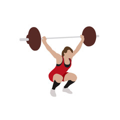 Woman in red jersey practicing with barbell. Weight-lifting flat