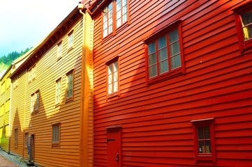 Yellow and red houses in Bryggen, Bergen, Norway