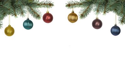 brightly colored christmas balls hanging from christmas tree isolated on white background
