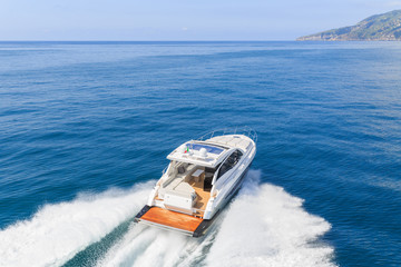 luxury motor boat, rio yachts italian shipyard, aerial view