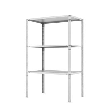 Rendering of metal rack with three shelves, isolated on a white background