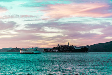 Colorful Sunset at Alcatraz Prison in San Francisco, California