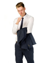 Thoughtful young businessman isolated on white background