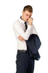 Thoughtful young businessman isolated on white background