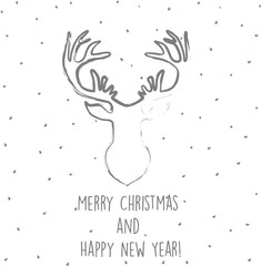 Hand drawn card with deer silhouette, snow and hand drawn inscription Merry Christmas and Happy New Year. Vector illustration.