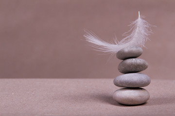 Gray stones and feather of bird on a blurred background. Items are in equilibrium close-up 