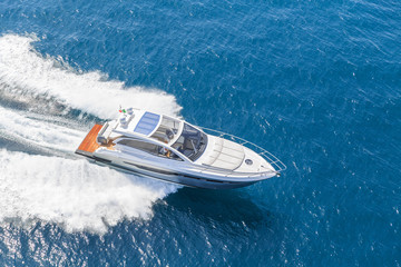 luxury motor boat, rio yachts italian shipyard, aerial view