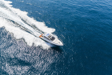 luxury motor boat, rio yachts italian shipyard, aerial view