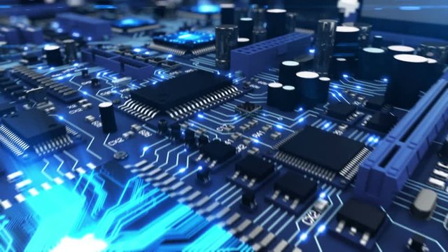 Beautiful 3d animation of the Motherboard with Moving Light Signals and Working Processors in Close-up Seamless. DOF Blur. Looped Flight over the Circuit Board. HD 1080.