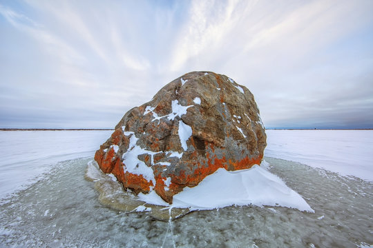 Large lichen covered rock in a frozen lake situated on the flats beside hudson's bay;Manitoba canada