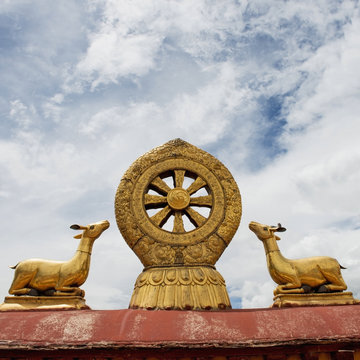 Golden statues of deers on the roof of the jokhang temple;Lhasa xizang china