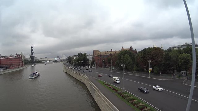 View from the Patriarchal bridge on Moscow river and the factory Red October Moscow summer nasty day