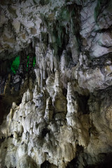 Big Azishskaya cave in Adygeya with, stalactites, stalagmites and stalagnates 