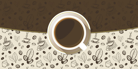 Coffee cup on a saucer top view background. White mug full of coffee on sketchy hand drawn backdrop. Vector eps10 illustration.