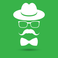 white hat with mustache, bow tie and glasses isolated on the gre