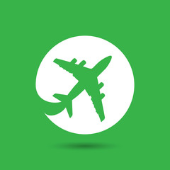 white flat airplane pictogram on the green background