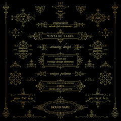 vector set of golden calligraphic vintage decorative elements for your design labels, invitations, banners, posters, badges, logos, postcards and more. Part two