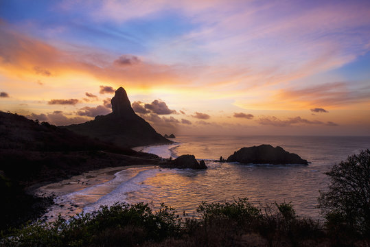 Morro Do Pico at sunset from Forte Dos Remedios, Fernando De Noronha, Pernambuco, Brazil