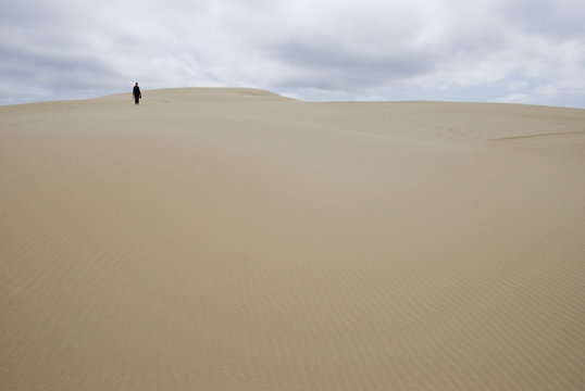 A woman walking alone on a sand dune in the distance;Florence oregon united states of america