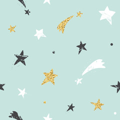 Cute funny seamless pattern background with hand drawn stars. Glitter, white and black sparkles on pastel blue. For print and web.