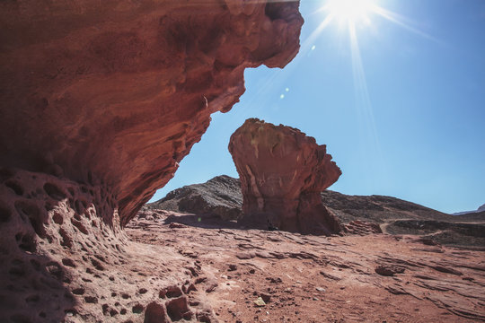 Rock formation and sunburst;Timna park arabah israel