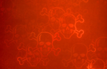 De-focused red bloody luminous skulls & bones on the dark red ba